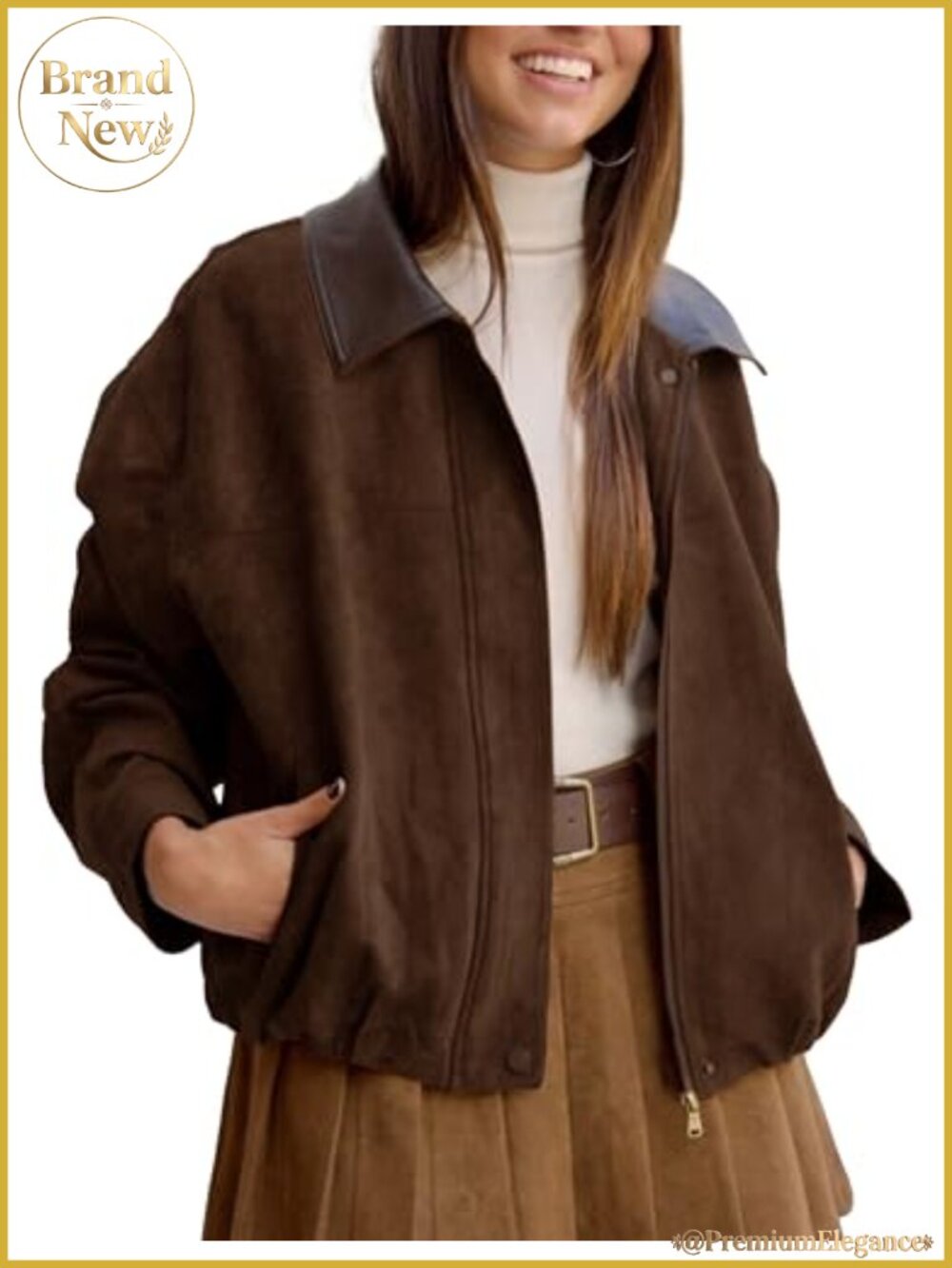 Faux Suede Bomber Jacket Womens Oversized Cropped Zip Up Casual Outerwear
